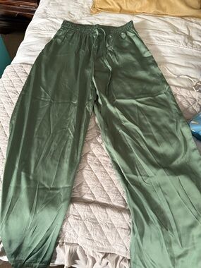 Wide Leg Satin Pants in Sage Green – Lightweight Drawstring Waist